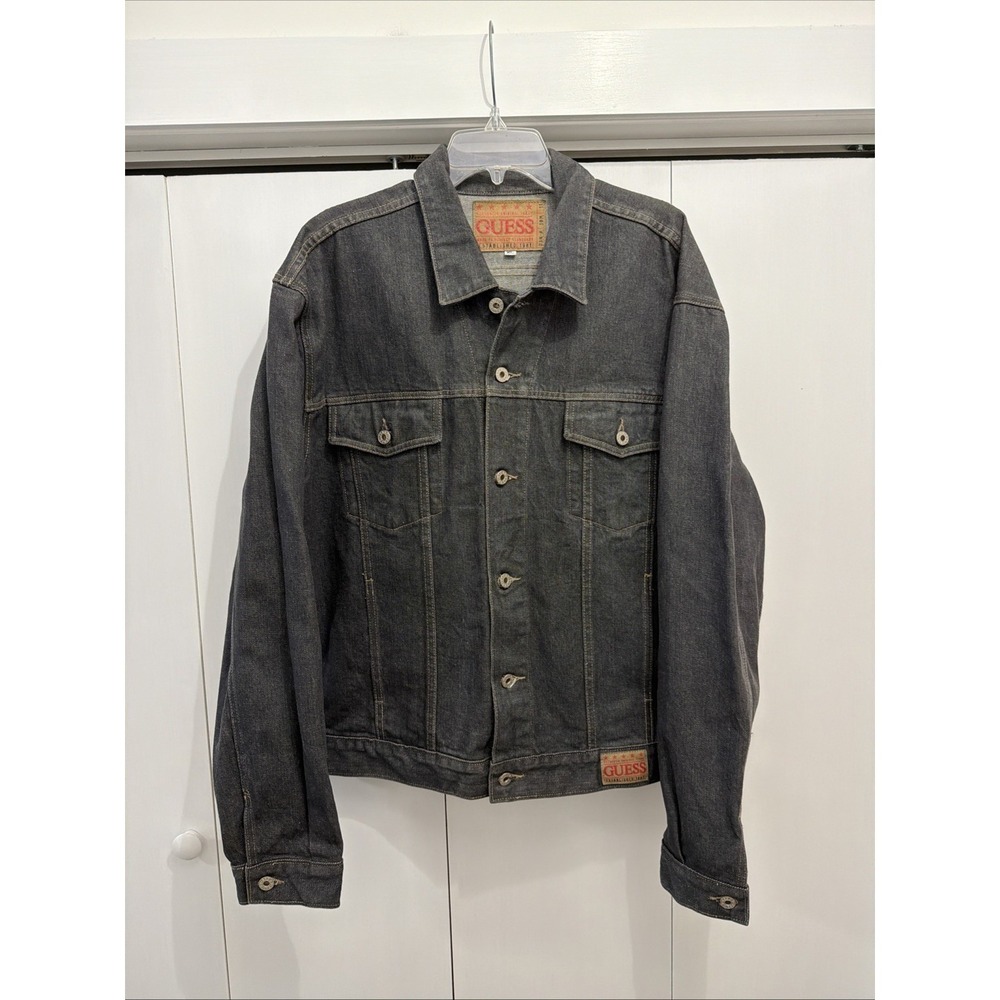 VTG 90s GUESS Black/Gray Denim Trucker Jacket 100% Cotton MADE IN USA, Size XL